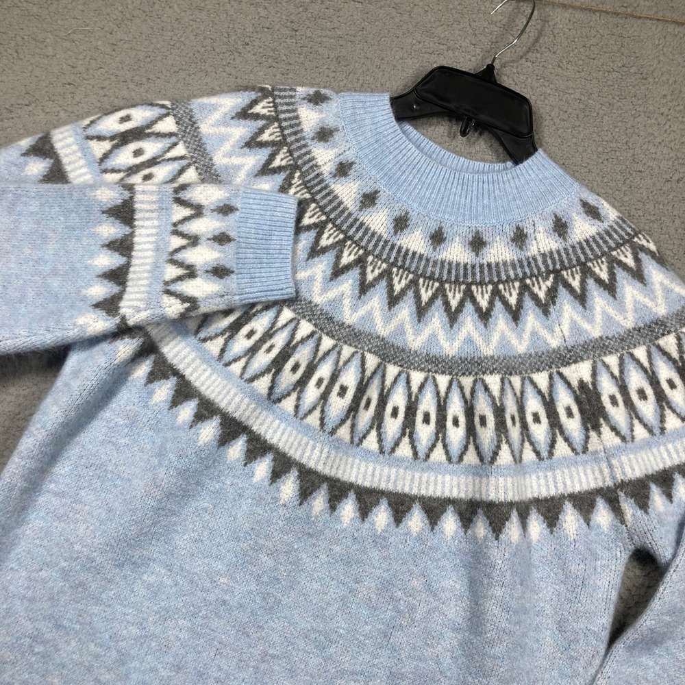 Alfred Dunner Fair Isle Sweater Women L Blue Grey Fuzzy Knit Crew Neck Pullover